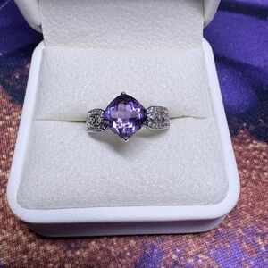 Cushion-Cut Purple Amethyst Gemstone Ring with Pavé Silver Band